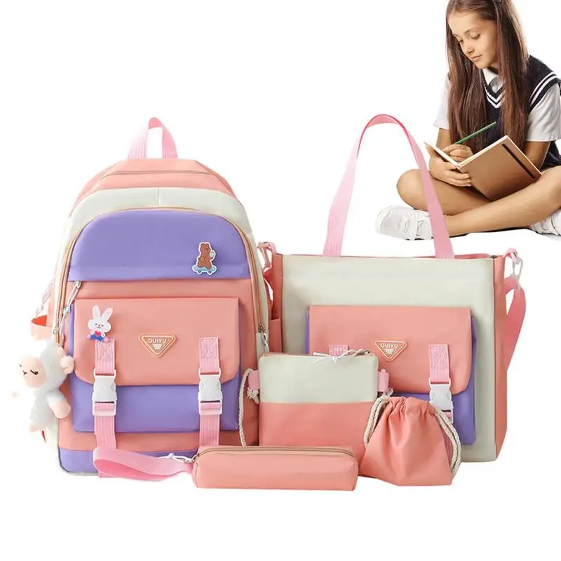 

Kawaii Backpack 5pcs/set Canvas School Backpack Large Capacity Schoolbag With Kawaii Accessories Student Travel Bag For Girls