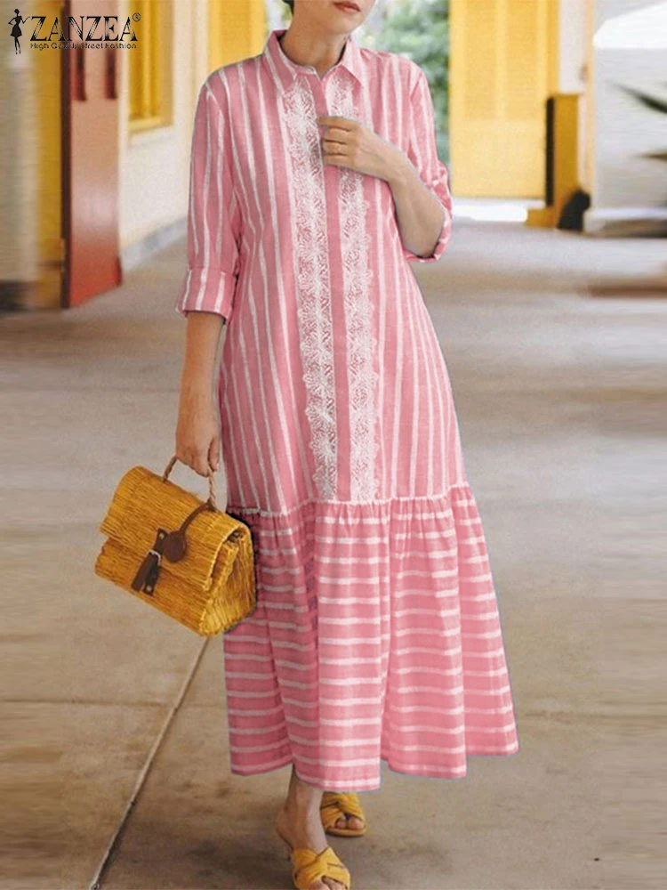 ZANZEA женские кружевные швы модное платье макси с воротником лацканами осень 2024