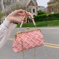 luxury brand woman shoulder bag fashion pearl chain handbag summer lady ribbon weave bag and purses designer clip crossbody bags