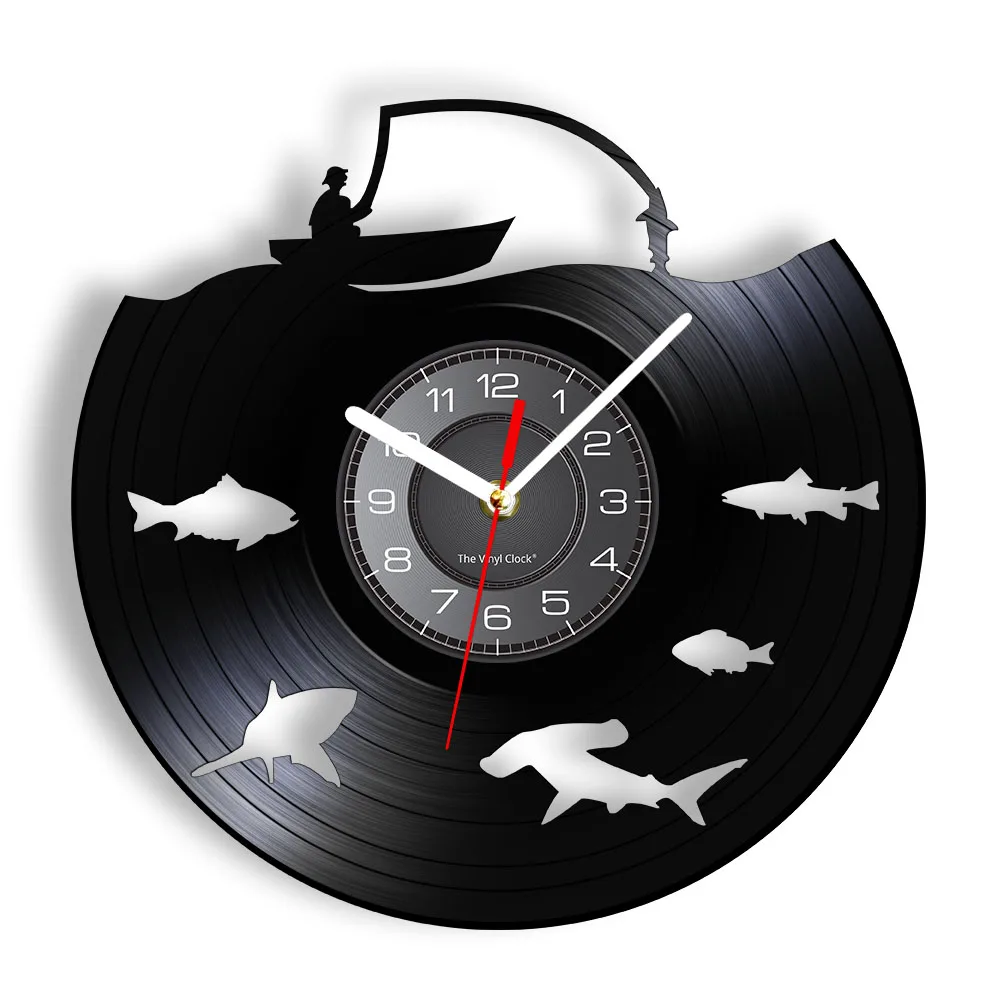 Fly Fishing Sign Fishing Party Man Cave Decor Modern Wall Clock Big Fish On The Hook Vinyl Record Wall Clock Fisherman Dad Gift