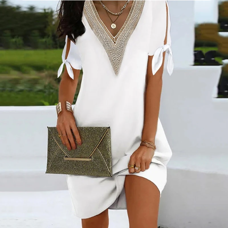 

Винтажное однотонное женское платье, летние модные кружевные мини-платья с V-образным вырезом, элегантное офисное Повседневное платье с коротким рукавом для женщин