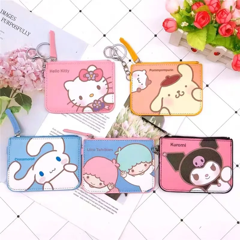 Kawaii Hello Kitty Keychain Sanrio Accessories Leather Card Holderkuromi Cinnamoroll Card Holder Coin Purse Anime Girl Gifts