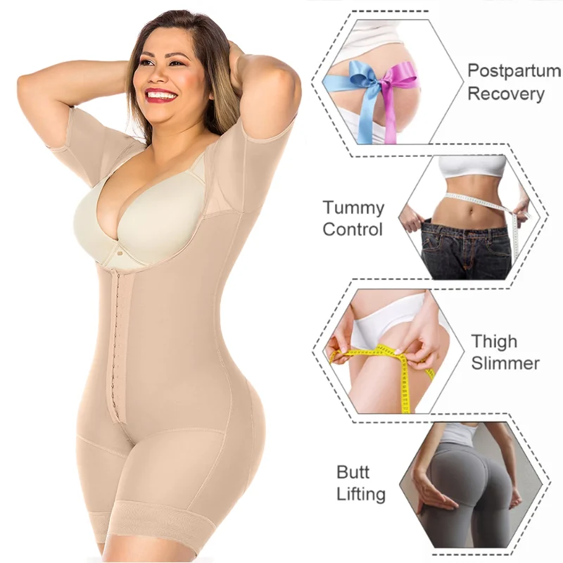 Fajas Colombianas Women Tummy Control Compression Slimming Body Shaper Lace Waist Trainer Mid-sleeve Post Surgery Shapewear