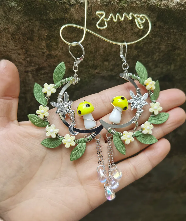 

Yellow Mushrooms Standing on Silver Plated Moon,Green Leaf &Fairy Dangle Earrings Forest Woodland Earrings,Cottagecore Jewelry