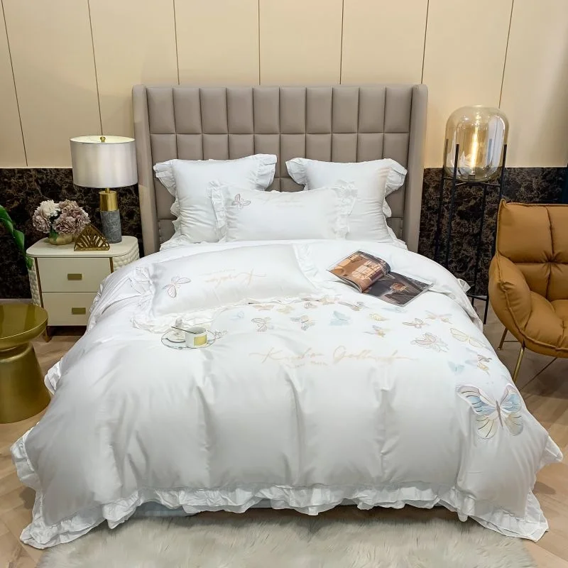 

New Luxury 80S Egyptian Cotton Butterfly Embroidery Princess Bedding Set Ruffles Duvet Quilt Cover Bed Linen Pillowcases