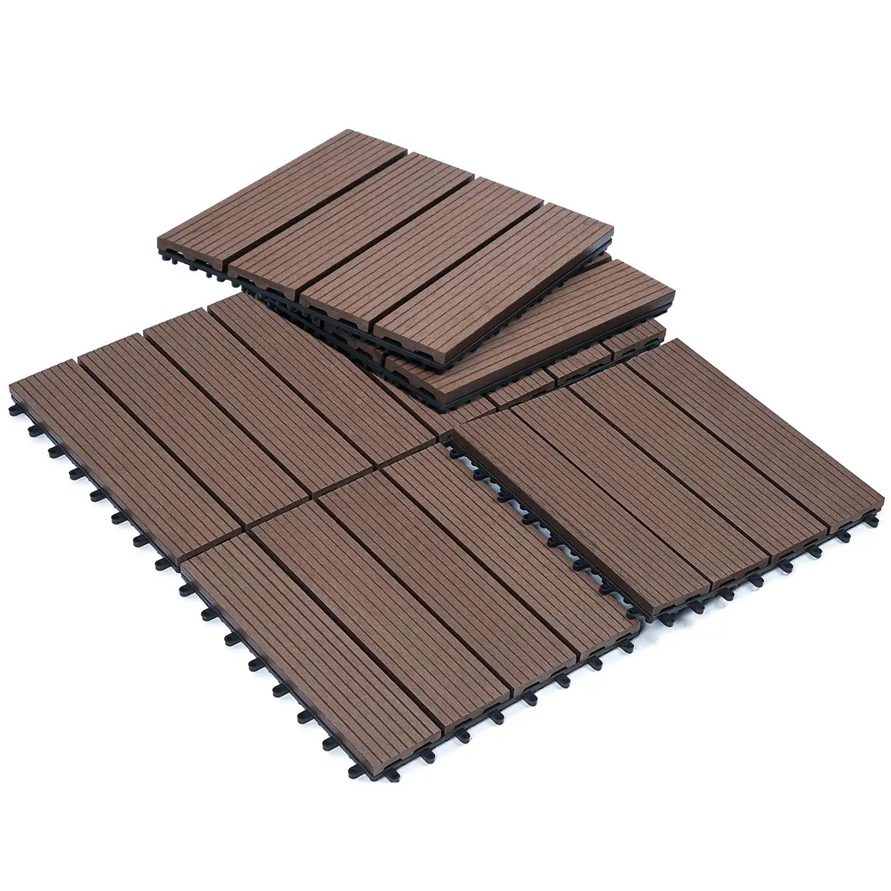 

12"x12" Wood Plastic Interlocking Flooring Tiles 4-Slats Straight Pattern Interlocking Deck Tiles for Patio Balcony Porch