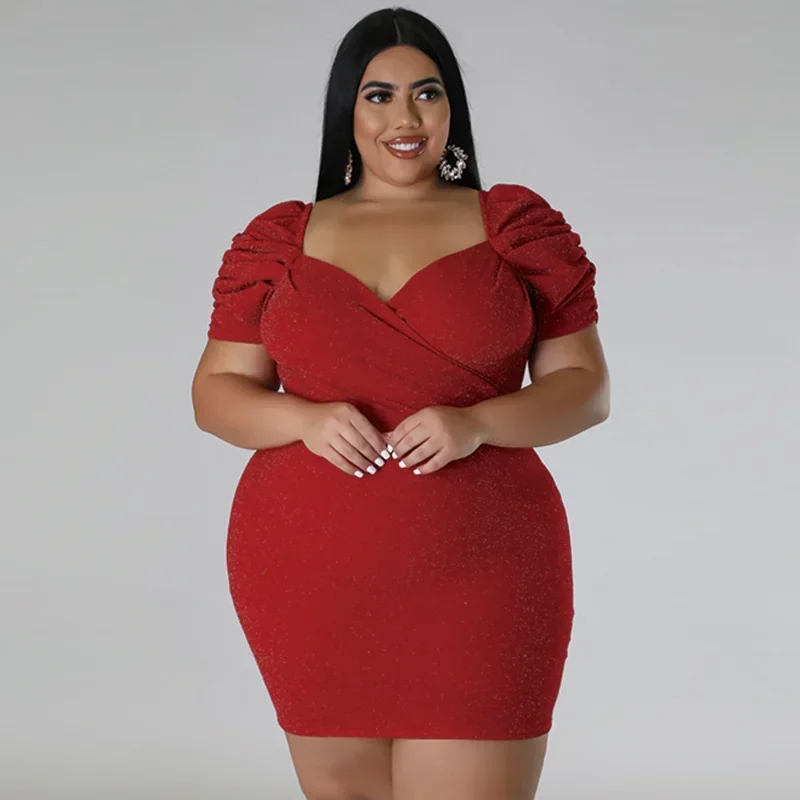 KEXU сексуальные блестящие платья больших размеров с рюшами и коротким рукавом
