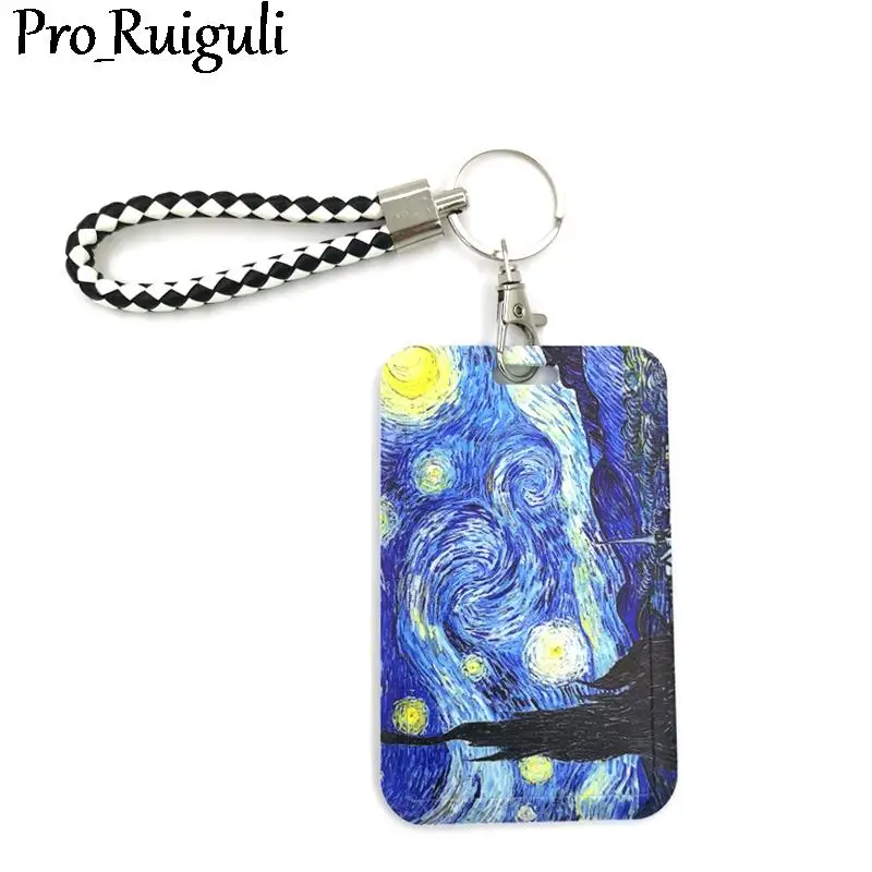

Van gogh Oil Painting Starry Sky Cartoon Cute Credit Card Holder Lanyard Women Men Kid Badge Reel ID Name Bus Clips Carde Holder