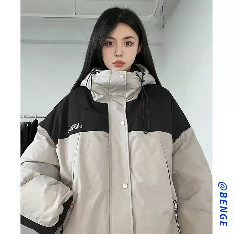 2023 Winter Cotton Jackets Women's Clothing Casual Splicing Parkas Loose Hooded Warm Winter Coats Female Black Outerwear fp550