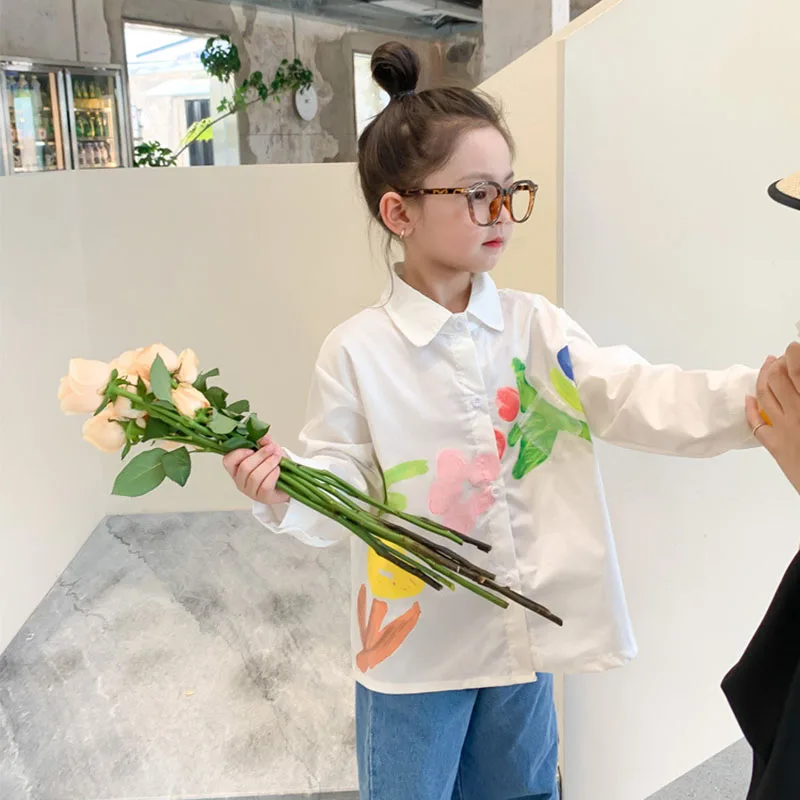 

Children's shirt 2022 autumn new girls' foreign style versatile mid-length flower print shirt fashion coat 4-35