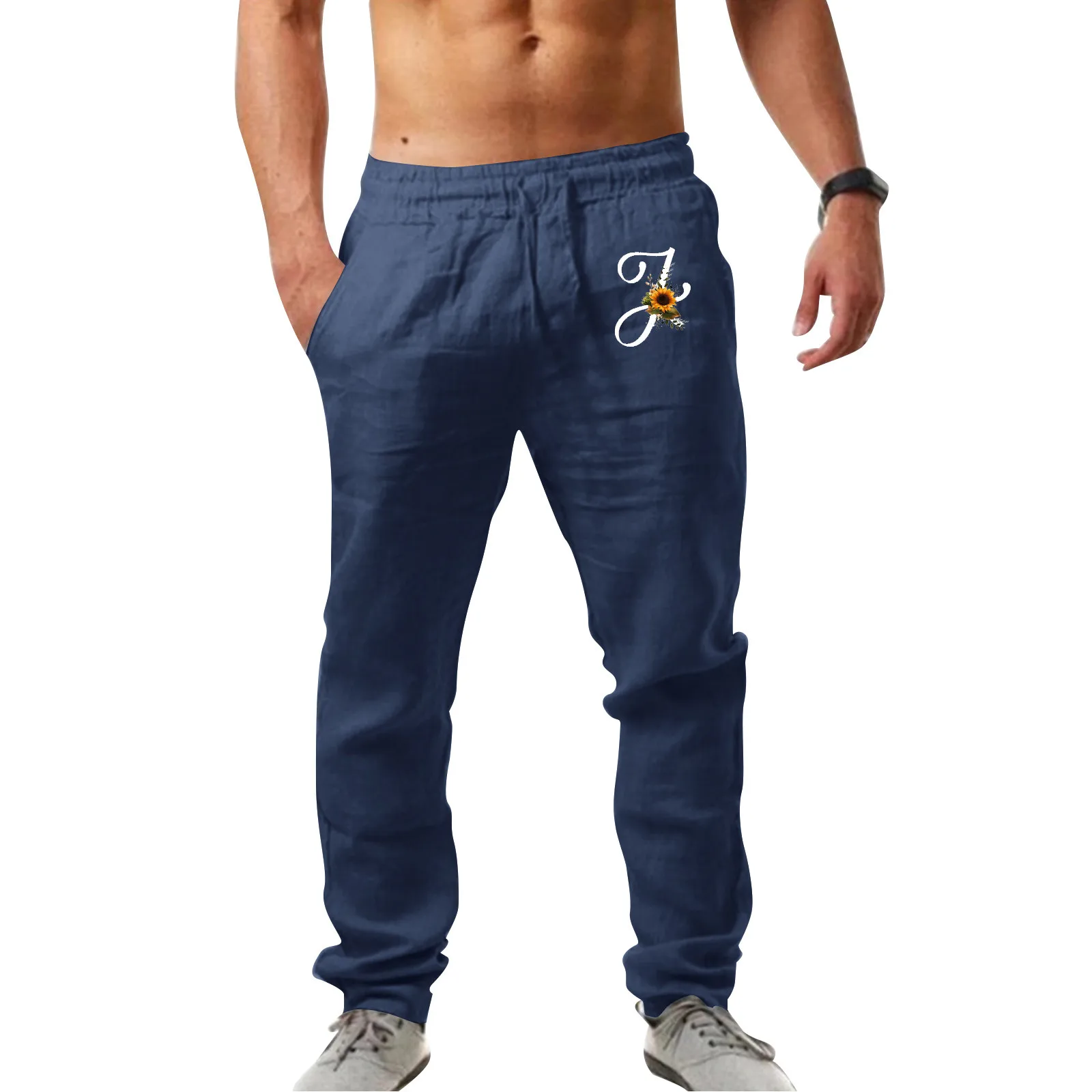 

L Mens Fashion Casual Printed Linen Pocket Lace Up Pants Large Size Pants