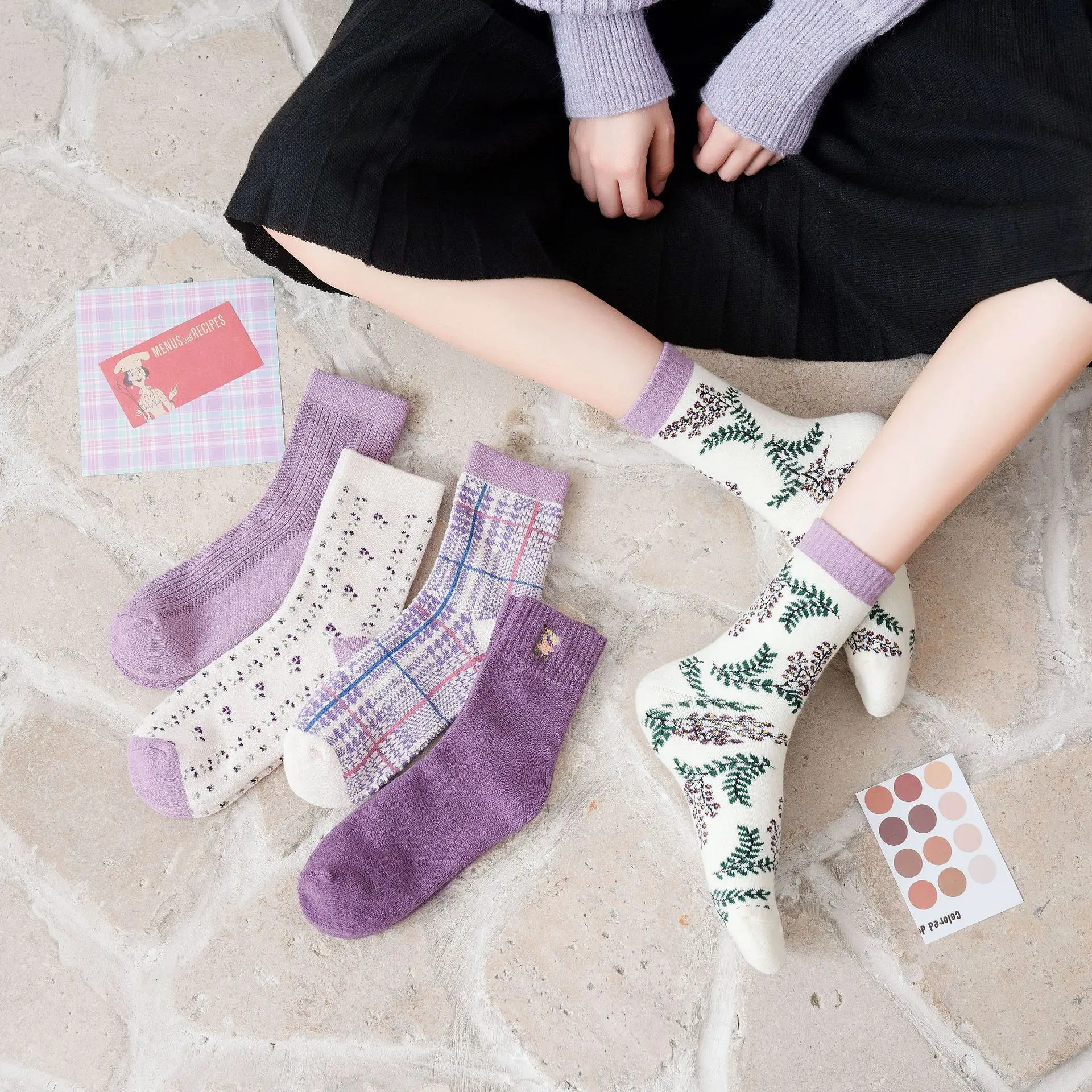 Winter Houndstooth Plaid Checker Jacquard Crew Socks Cotton Solid Knee High Floral Cherry Ankle Socks 5 Pairs/ Lot