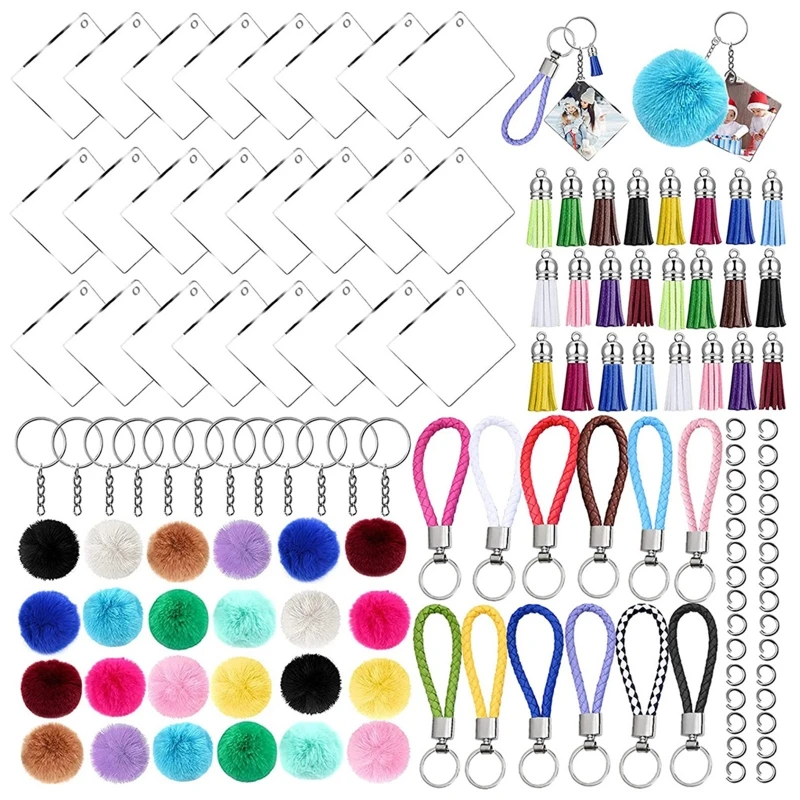 

N1HE 126Pcs Acrylic Keychain Blanks with Tassels Kit Clear Acrylic Key Chain Embryo Accessory Snap Hooks Braided Key Chain
