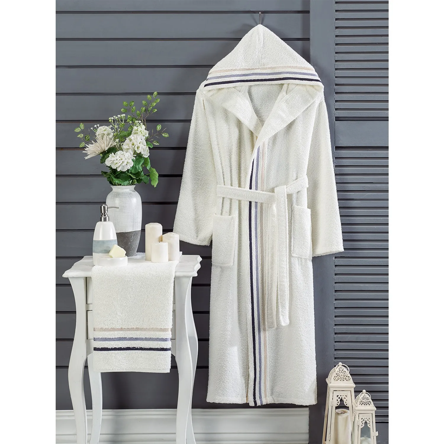 Özenev Hooded 4 Piece Family Bath Robe Set Cotton Striped Groined Soft Luxury Anthracite Water Green Live Luminous Fabric