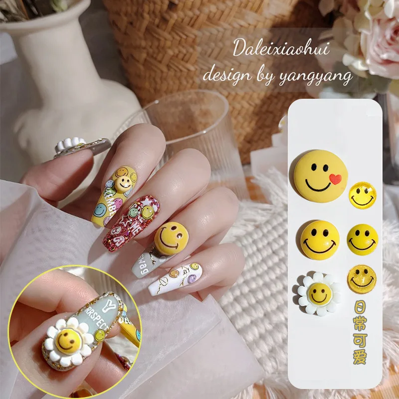 New Sunflower Nail Jewelry Cartoon Smiley Cute Three-dimensional Net Red Japanese Popular Small Fresh Nail Stickers rotatable