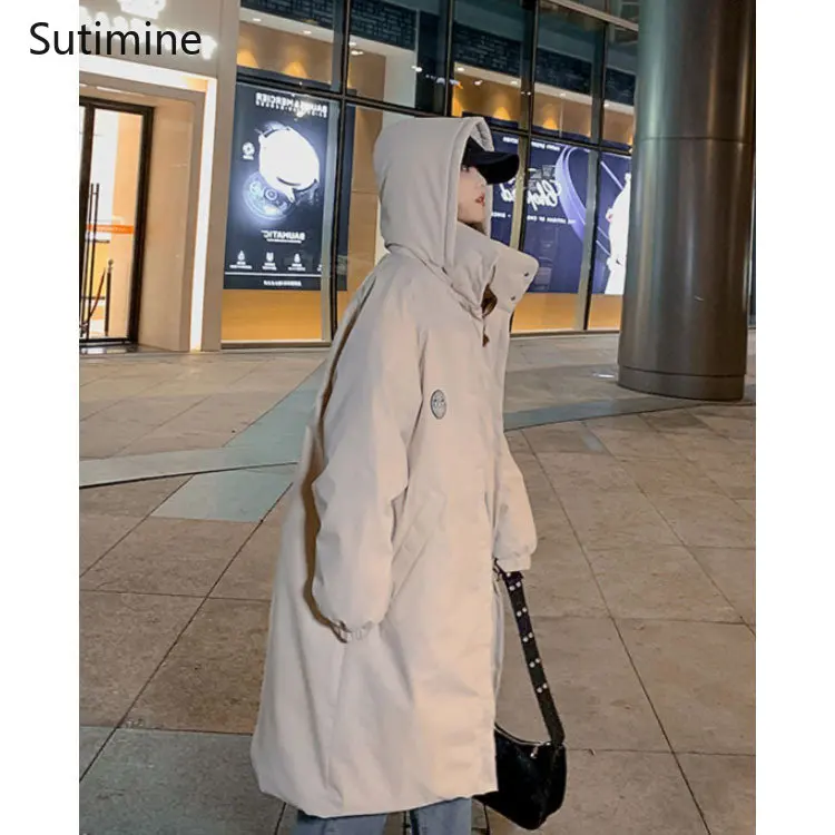 2022 Winter Coat Women Office Lady Pockets Hooded Women's Cotton Padded Clothes Medium Length Loose Over The Knee Zippers Coat