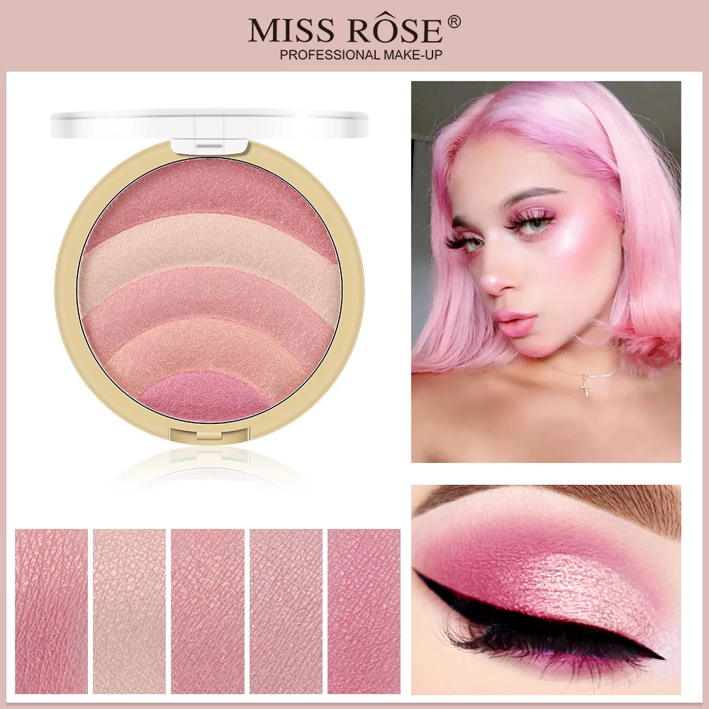 

MISS ROSE 5 Color Rainbow High-Gloss Eyeshadow Baking Powder Repairing Blush Eye Shadow Plate Multi-Purpose Facial Makeup Produc