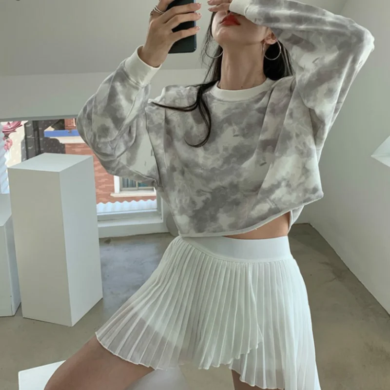 

Women No Hat Hoodies Korean Style Loose Tie Dye Printed Crop-tops Streetwear Chic Female Sweatshirts Long Sleeve All-match Sexy