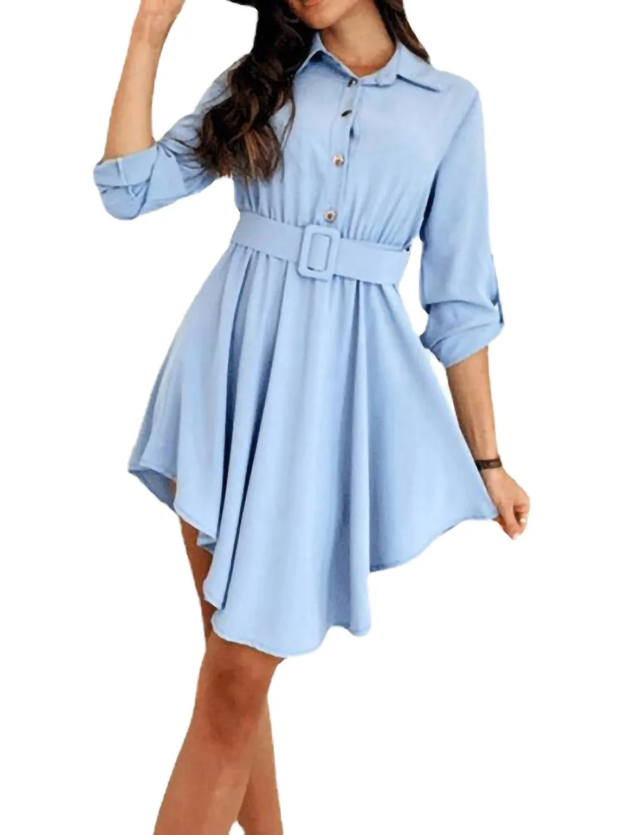 

Women s Casual Dresses Long Sleeve Lapel Button Down Irregular Ruffle Hem Elegant Tunic Shirt Dress with Belt