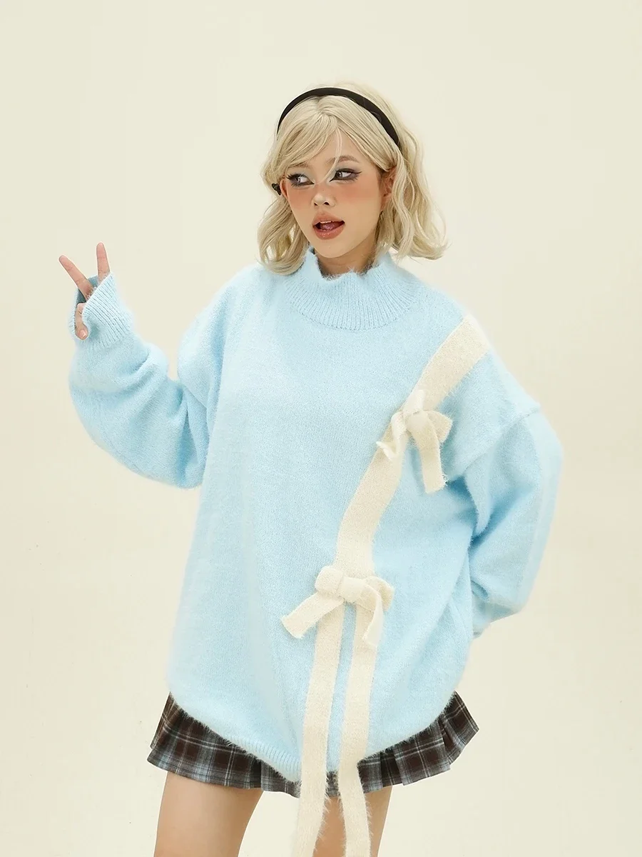 Новинка Осень 2024 водолазка с бантом молочного Huhu свободные трикотажные свитеры в