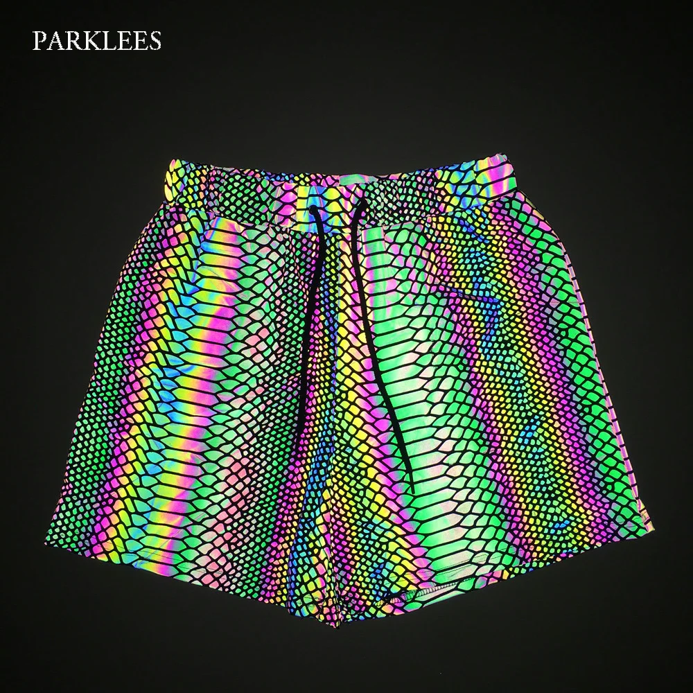 Parklees Mens Snakeskin Pattern Reflective Shorts Night Sporting Noctilucent Jogging Pants Knitted Breathable Bermuda Masculina