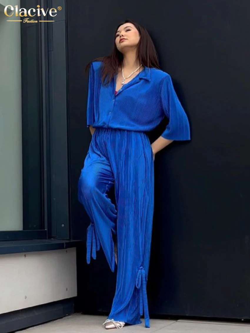 

Модные голубые плиссированные комплекты Clacive из двух предметов, женские элегантные комплекты из блузки с длинным рукавом и отворотом, брюки...