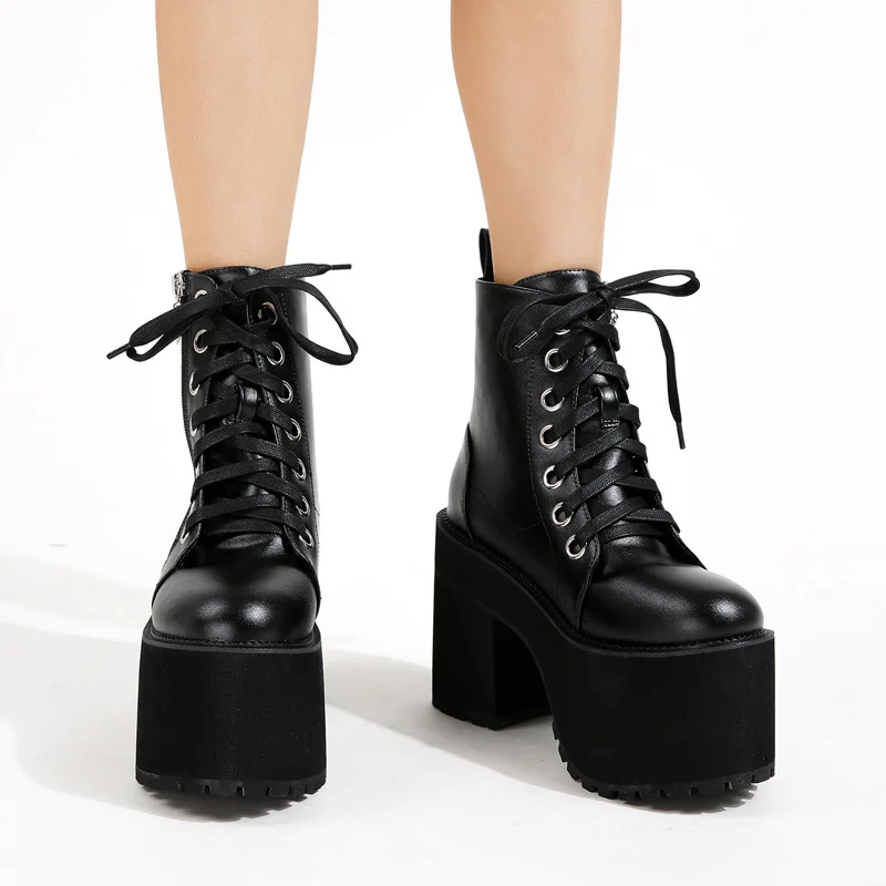 Women Platform Boots High Chunky Heel Ankle Boots Black Punk Style Lace Up Motorcycle Boot Lady Autumn Winter Shoes Big Size 43