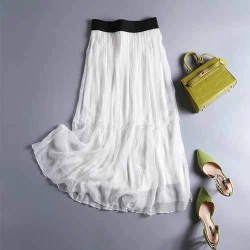 

Luxury brand Mulberry Women Summer High-end Elegant Smooth Silk Solid Holiday High Waist Mid-length Black Skirt FCY120