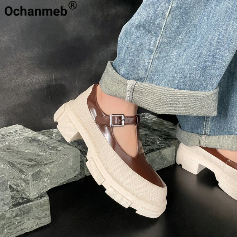 

Женские туфли Ochanmeb из натуральной кожи, Т-образный ремешок, плоская подошва, пряжка, на платформе, Туфли Мэри Джейн, круглый носок, повседневная обувь в стиле преппи
