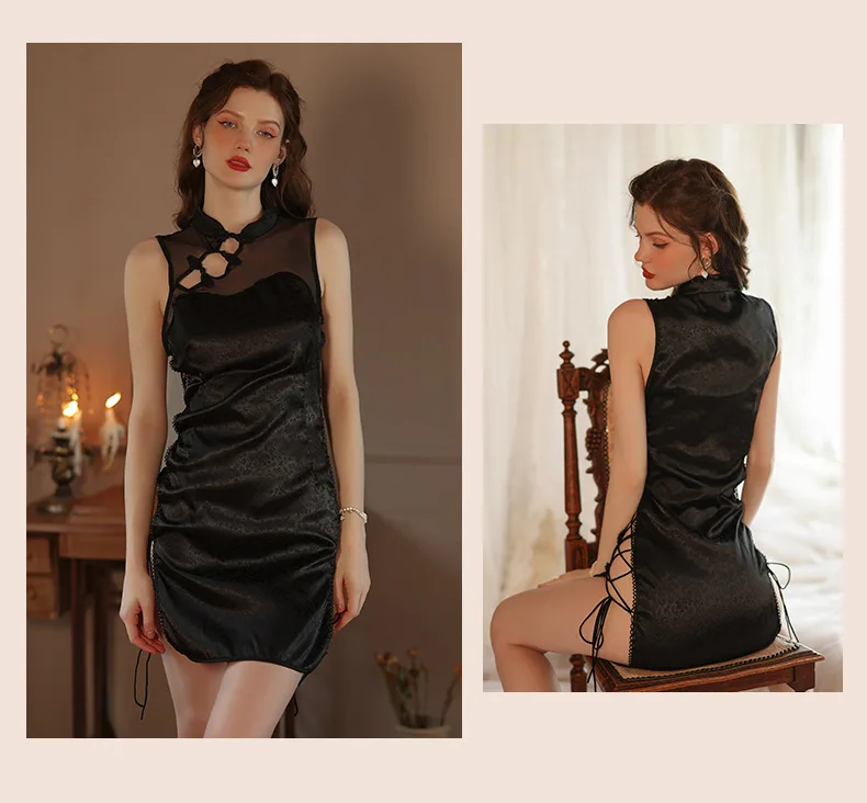 High neck plate button printed cheongsam uniform dress temptation retro sexy nightdress sleeveless side slit strap clothes pajam