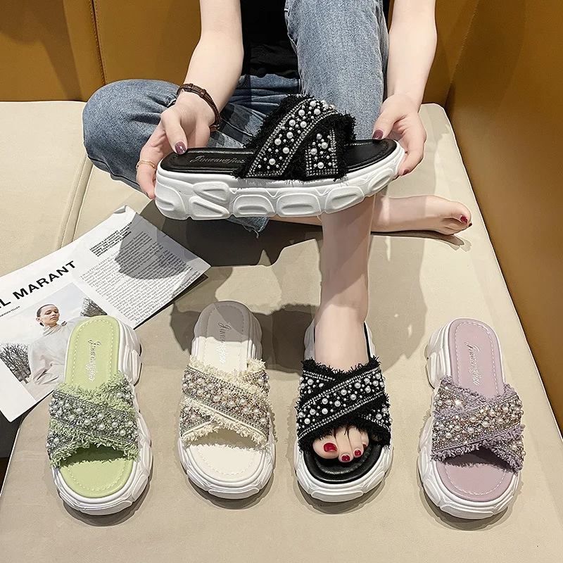 

Тапки женские домашние на платформе, мягкие пляжные шлепанцы, хлопковая ткань, сланцы, роскошная Базовая летняя обувь для девочек, 2022