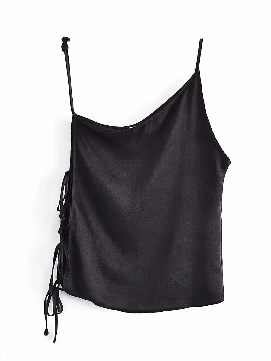 

2021 summer women Tie-string Tops Sexy Off Shoulder Asymmetric mini Satin Cami Blusas Sling shirt Lady Club Personality halter