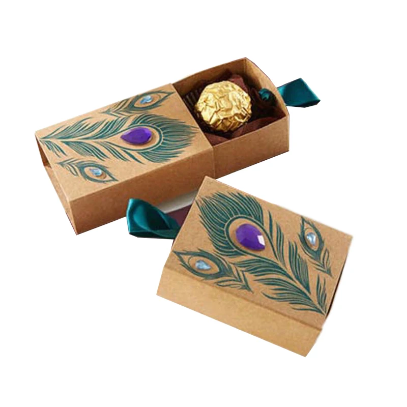 

10/20/30Pcs Peacock Drawer Candy Box Kraft Paper Wedding Favor Gift Packaging Box With Ribbon Wedding Birthday Party Decoration