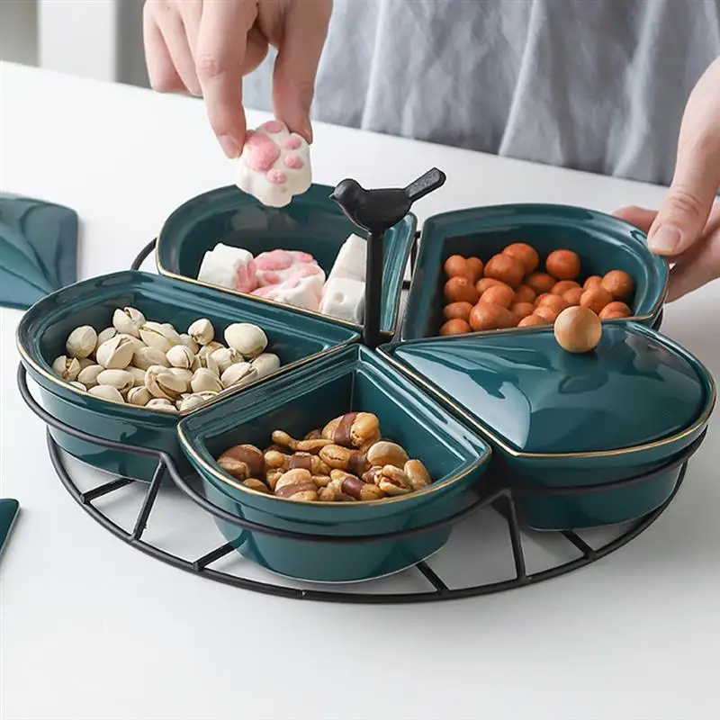

5 Compartment Snack Candy Plate Ceramic Dried Fruit Storage Tray Nuts Dish Appetizer Serving Platter Pastry Party Organizer