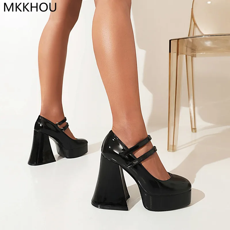 

MKKHOU Fashion Pumps New Round Head Velcro Platform Shoes Shaped Heel 12cm High Heel Mary Jane Shoes All-match Women Shoes