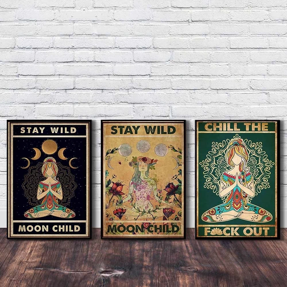 

Yoga Blue Green Namaste Poster Retro Nordic Style Meditation Wall Art Picture Yoga Gym Home Living Room Decor Frameless Painting