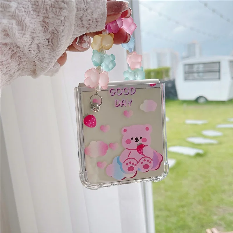 

Cute Color Bear Chain Wrist Strap Phone Case For Samsung Z Flip 3 Hard Cover Cartoon Protective Cases For Z Flip3 5G Cases
