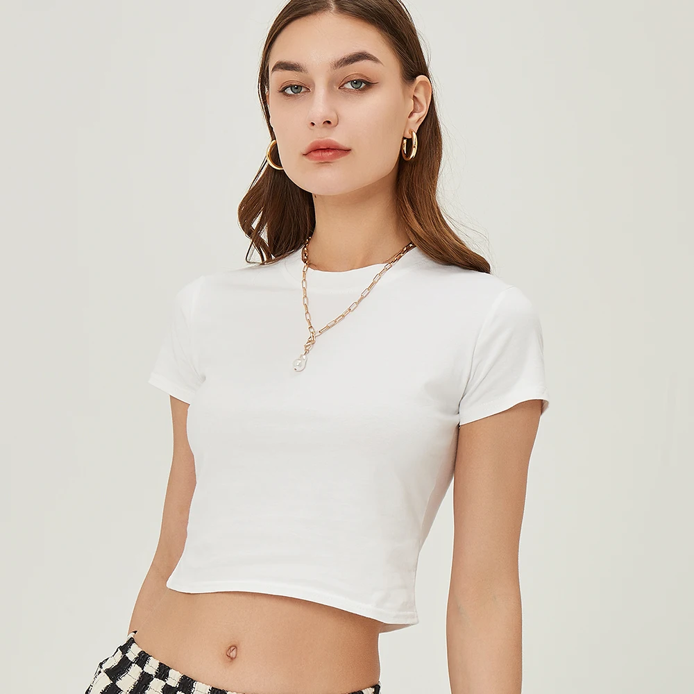 Укороченный топ Футболка женская однотонная хлопковая с круглым вырезом и