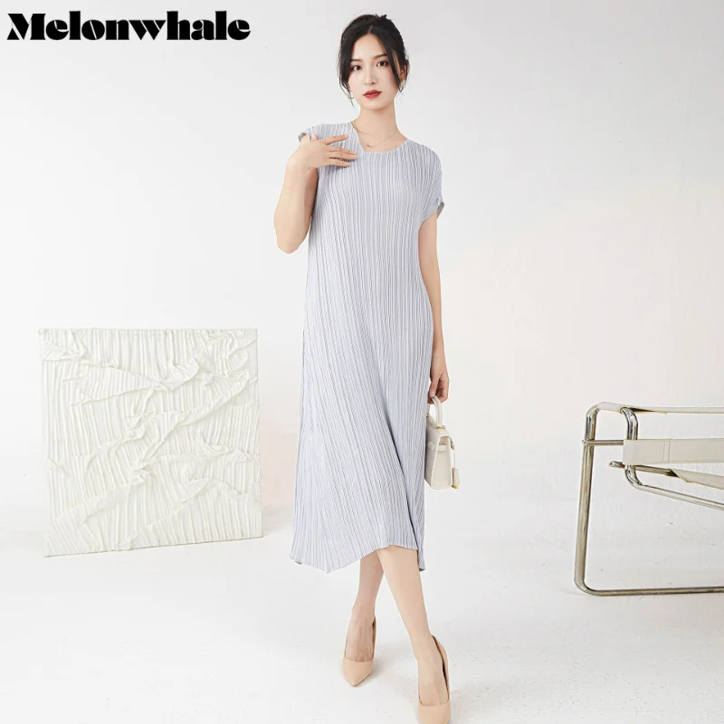 

MelonWhale Asymmetrical Miyake Pleated Sleeveless Long Dress Elegant Solid Women 2023 Summer Korean Simple Long Plus Size Dress