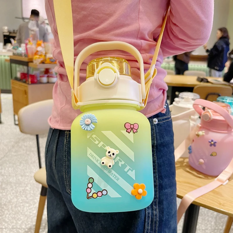 

Girl 1200ml Large Capacity Sport Kettle Straw Cup Leakproof Plastic Outdoor Student Fitness Square Jug Couple Drink Water Bottle