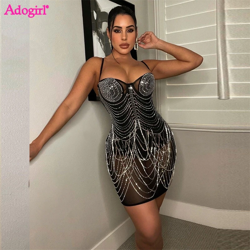 

Adogirl Diamonds Tassel Mini Party Dress Women Sexy See Through Sheer Mesh Strapless Spaghetti Straps Bodycon Club Dresses