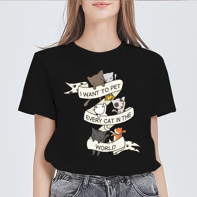 

2022 T shirt Women i want to pet every cat in the world Print Tops Tshirts Ladies Graphic Female Tee T-Shirt female Clothing