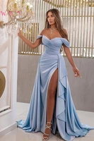sky blue evening dress pleats off shoulder sweetheart a line elastic satin high slit ruffles prom gown elegant womens dresses