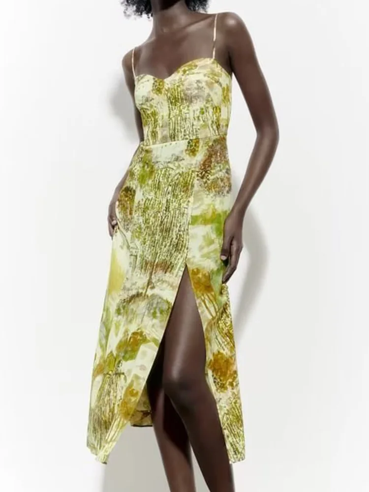 

Женское платье на бретельках с принтом, милые платья до середины икры с вырезом сердечком и разрезом сзади на молнии, одежда на лето 2023