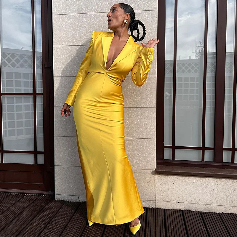

Женское платье, темпераментный Атласный Костюм, воротник, плечи, подкладка, высокая талия, Сплит, длинное платье, одноцветное, с длинным рука...