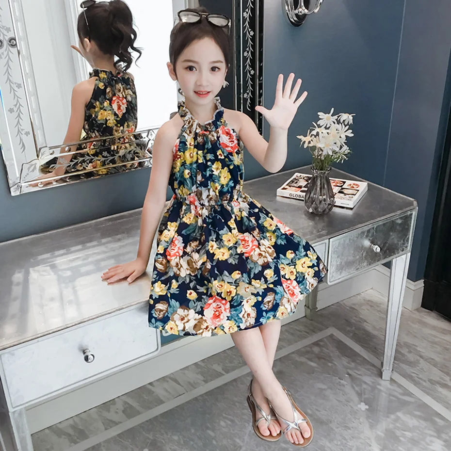 Летнее платье для девочек с цветочным принтом детское без рукавов одежда