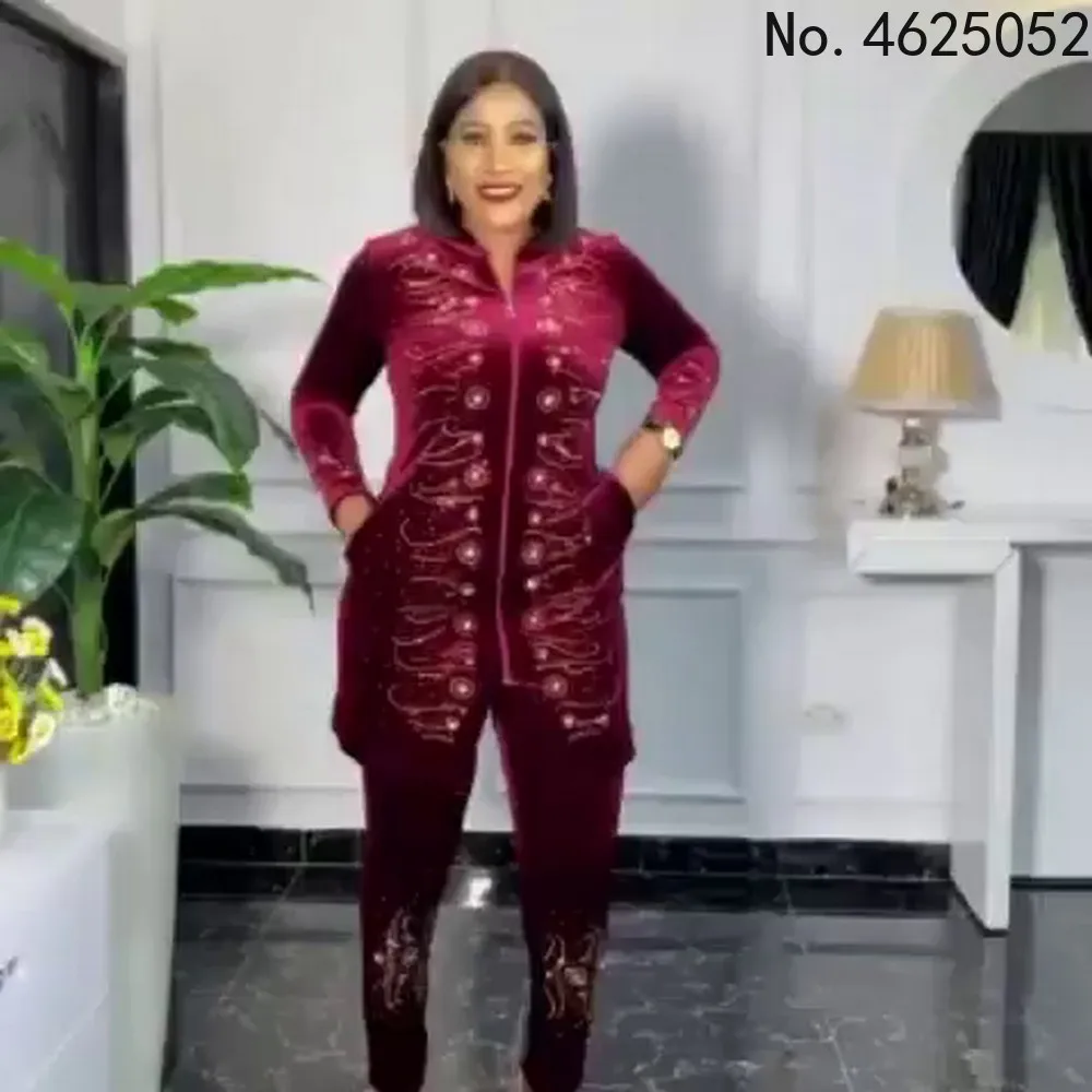 

African mom fashion suit gold velvet stretch fabric hot drilling decorative split round neck quality