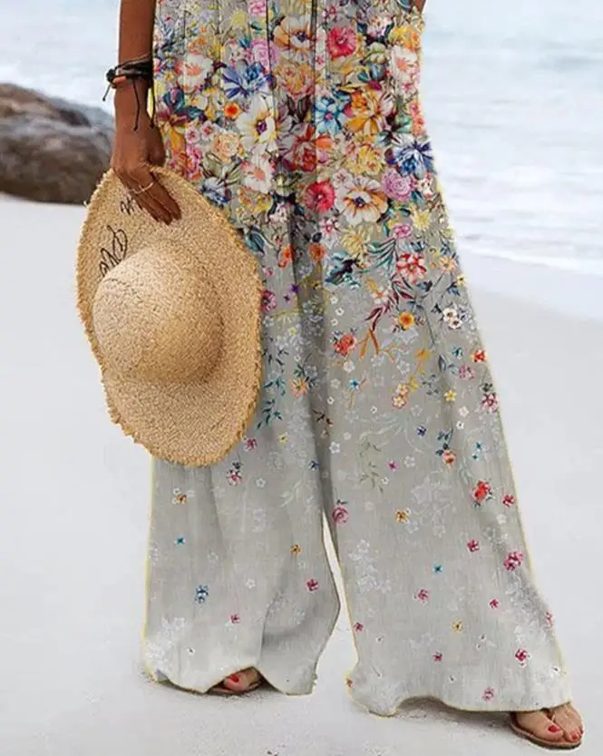 Overalls for Women 2023 New Leisure Fashion Beach Floral Print Wide Leg Suspender Jumpsuit Temperament Commuting