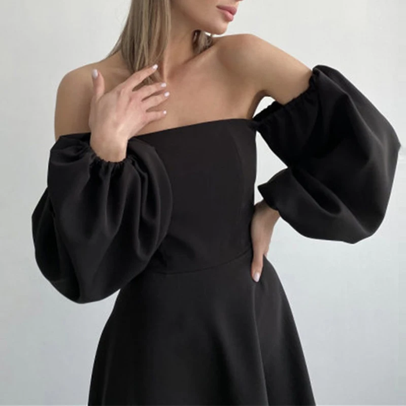 

Sexy Slash Neck Lantern Sleeve Evening Dress Women Fashion Strapless Waist Fold A-line Dress Elegant Hollow Backless Party Dress