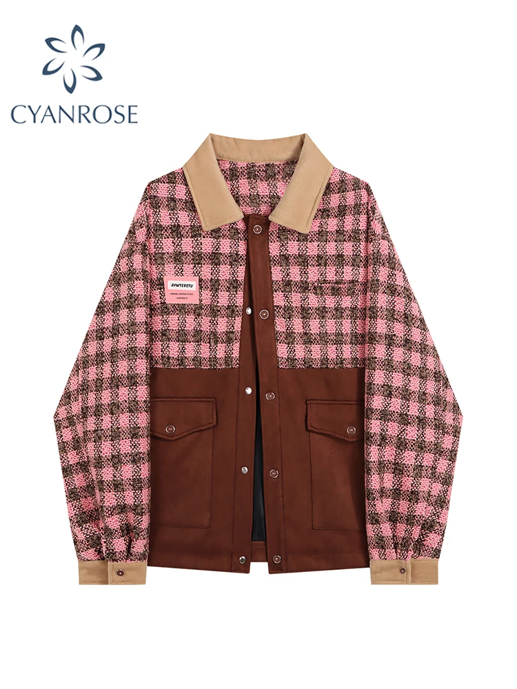 

2023 Women's Patchwork Plaid Jacket Harajuku Vintage Korean Style Long Sleeve Coat Loose Fashion Streetwear Oversize Outwear Top